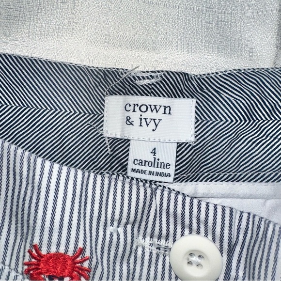 Crown & Ivy Caroline Embroidered Crab Striped Shorts Womens Sz 4 Coastal Beachy - Picture 3 of 4